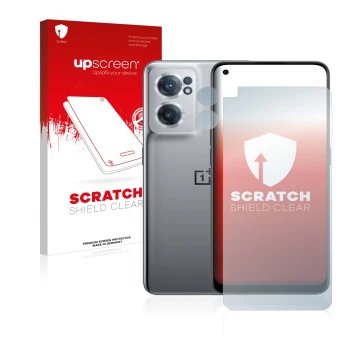 Face avant d’un emballage produit avec le logo de la marque upscreen. À côté, l’appareil OnePlus Nord CE 2 5G (Avant+Caméra) e