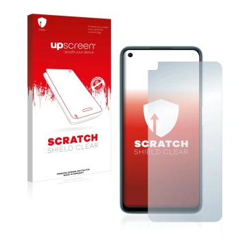 Face avant d’un emballage produit avec le logo de la marque upscreen. À côté, l’appareil Oppo A76 est représenté avec la prote