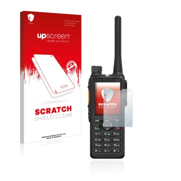 Face avant d’un emballage produit avec le logo de la marque upscreen. À côté, l’appareil Hytera HP785 est représenté avec la p