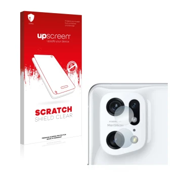 Face avant d’un emballage produit avec le logo de la marque upscreen. À côté, l’appareil Oppo Find X5 Pro (Caméra UNIQUEMENT) 