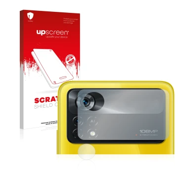Face avant d’un emballage produit avec le logo de la marque upscreen. À côté, l’appareil Xiaomi Poco X4 Pro 5G (Caméra UNIQUEM