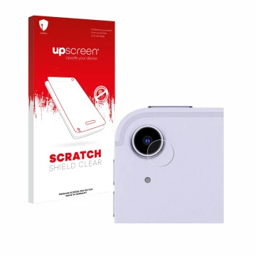 Face avant d’un emballage produit avec le logo de la marque upscreen. À côté, l’appareil Apple iPad Air 5 2022 (Caméra UNIQUEM
