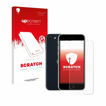Face avant d’un emballage produit avec le logo de la marque upscreen. À côté, l’appareil Apple iPhone SE 3 2022 (Avant+Caméra)