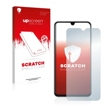 Face avant d’un emballage produit avec le logo de la marque upscreen. À côté, l’appareil Samsung Galaxy M33 est représenté ave