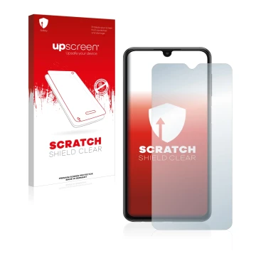 Face avant d’un emballage produit avec le logo de la marque upscreen. À côté, l’appareil Samsung Galaxy A23 est représenté ave