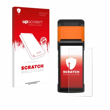 Face avant d’un emballage produit avec le logo de la marque upscreen. À côté, l’appareil Sunmi V2s est représenté avec la prot