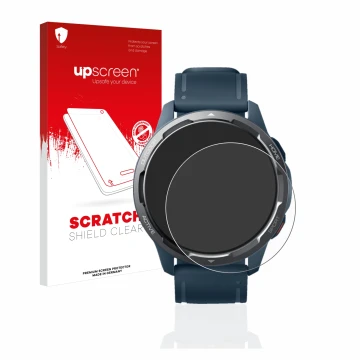 Face avant d’un emballage produit avec le logo de la marque upscreen. À côté, l’appareil Xiaomi Watch S1 Active est représenté