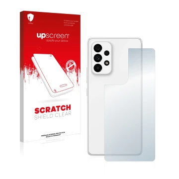 Face avant d’un emballage produit avec le logo de la marque upscreen. À côté, l’appareil Samsung Galaxy A53 5G (Arrière) est r