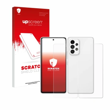 Face avant d’un emballage produit avec le logo de la marque upscreen. À côté, l’appareil Samsung Galaxy A53 5G (Avant+Arrière)
