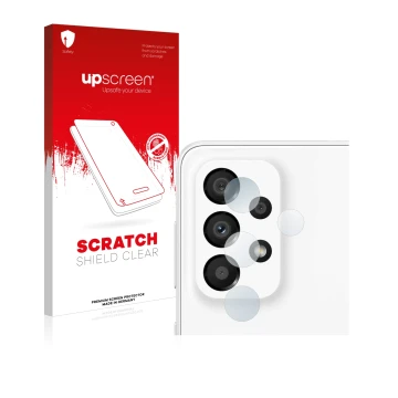 Face avant d’un emballage produit avec le logo de la marque upscreen. À côté, l’appareil Samsung Galaxy A33 5G (Caméra UNIQUEM