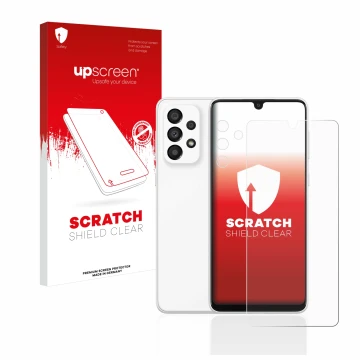Face avant d’un emballage produit avec le logo de la marque upscreen. À côté, l’appareil Samsung Galaxy A33 5G (Avant+Caméra) 