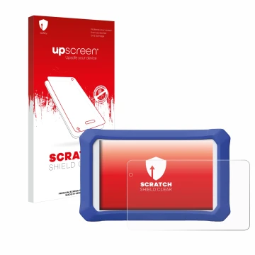 Face avant d’un emballage produit avec le logo de la marque upscreen. À côté, l’appareil Clementoni Clempad X Revolution est r
