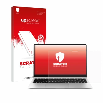 Face avant d’un emballage produit avec le logo de la marque upscreen. À côté, l’appareil Samsung Galaxy Book2 Pro 360 15.6