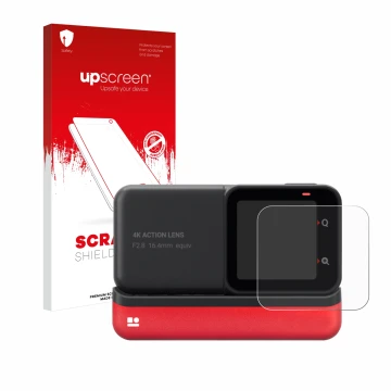 Face avant d’un emballage produit avec le logo de la marque upscreen. À côté, l’appareil Insta360 One RS 4K Edition est représ