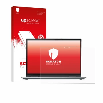 Face avant d’un emballage produit avec le logo de la marque upscreen. À côté, l’appareil Lenovo ThinkPad X1 Yoga Gen 7 est rep