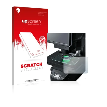 Face avant d’un emballage produit avec le logo de la marque upscreen. À côté, l’appareil Keyence IM-7030 Dessus en verre est r
