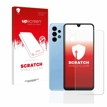 Face avant d’un emballage produit avec le logo de la marque upscreen. À côté, l’appareil Samsung Galaxy A13 (Avant+Caméra) est