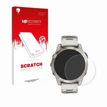 Face avant d’un emballage produit avec le logo de la marque upscreen. À côté, l’appareil Garmin D2 Mach 1 est représenté avec 
