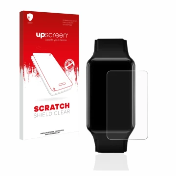 Face avant d’un emballage produit avec le logo de la marque upscreen. À côté, l’appareil Oppo Watch Free est représenté avec l