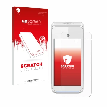 Face avant d’un emballage produit avec le logo de la marque upscreen. À côté, l’appareil Pax A920 est représenté avec la prote