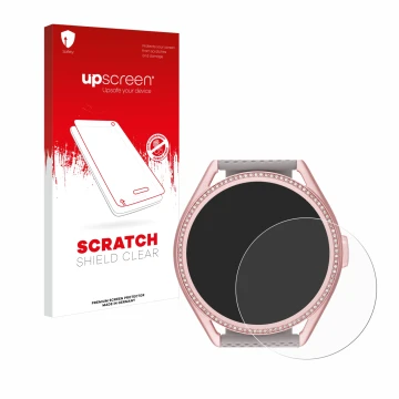 Face avant d’un emballage produit avec le logo de la marque upscreen. À côté, l’appareil Michael Kors Access MKGO Gen 5E MKT 5