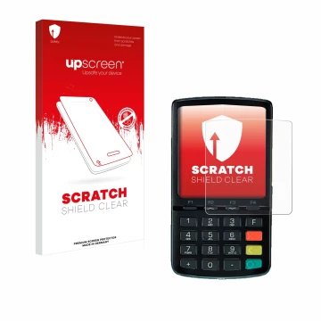 Face avant d’un emballage produit avec le logo de la marque upscreen. À côté, l’appareil ingenico Link/2500 est représenté ave