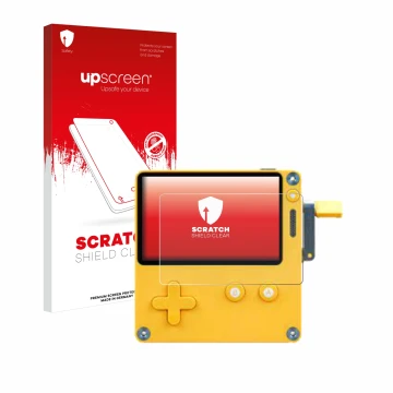 Face avant d’un emballage produit avec le logo de la marque upscreen. À côté, l’appareil Panic Playdate est représenté avec la