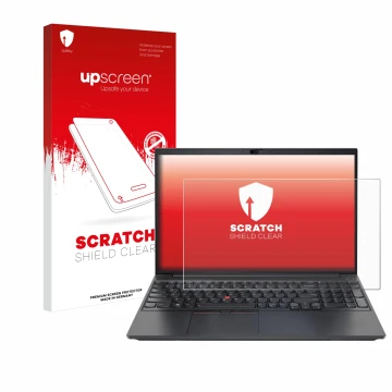 Face avant d’un emballage produit avec le logo de la marque upscreen. À côté, l’appareil Lenovo ThinkPad E15 Gen 2 est représe