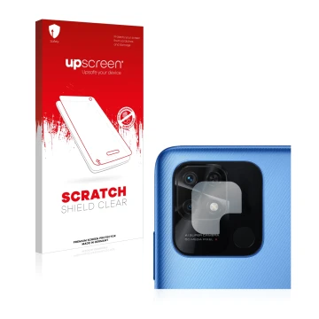 Face avant d’un emballage produit avec le logo de la marque upscreen. À côté, l’appareil Xiaomi Redmi 10C (Caméra UNIQUEMENT) 