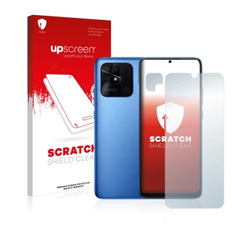 Face avant d’un emballage produit avec le logo de la marque upscreen. À côté, l’appareil Xiaomi Redmi 10C (Avant+Caméra) est r