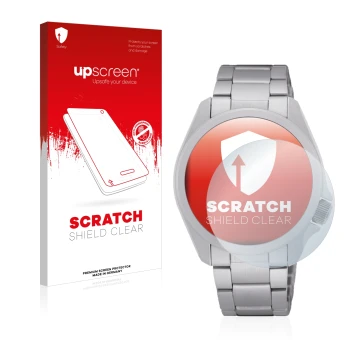 Face avant d’un emballage produit avec le logo de la marque upscreen. À côté, l’appareil Seiko 5 Sports SRPH49K1 est représent