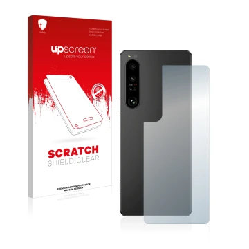 Face avant d’un emballage produit avec le logo de la marque upscreen. À côté, l’appareil Sony Xperia 1 IV (Arrière) est représ