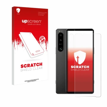 Face avant d’un emballage produit avec le logo de la marque upscreen. À côté, l’appareil Sony Xperia 1 IV (Avant+Caméra) est r
