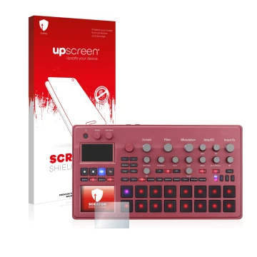 Face avant d’un emballage produit avec le logo de la marque upscreen. À côté, l’appareil KORG electribe Sampler est représenté