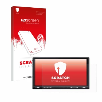 Face avant d’un emballage produit avec le logo de la marque upscreen. À côté, l’appareil Sony XAV-AX5650 est représenté avec l