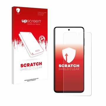 Face avant d’un emballage produit avec le logo de la marque upscreen. À côté, l’appareil Motorola Moto G82 5G est représenté a