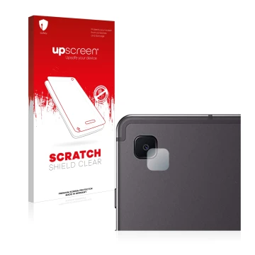 Face avant d’un emballage produit avec le logo de la marque upscreen. À côté, l’appareil Samsung Galaxy Tab S6 Lite LTE 2022 (