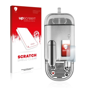 Face avant d’un emballage produit avec le logo de la marque upscreen. À côté, l’appareil Sage Nespresso Creatista Pro est repr