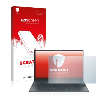 Face avant d’un emballage produit avec le logo de la marque upscreen. À côté, l’appareil ASUS ZenBook 13 OLED est représenté a