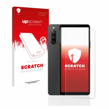 Face avant d’un emballage produit avec le logo de la marque upscreen. À côté, l’appareil Sony Xperia 10 IV (Avant+Caméra) est 