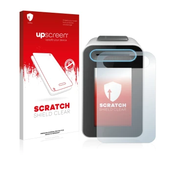 Face avant d’un emballage produit avec le logo de la marque upscreen. À côté, l’appareil Cherry eHealth Terminal ST-1506 est r