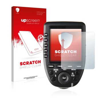 Face avant d’un emballage produit avec le logo de la marque upscreen. À côté, l’appareil Godox XPro est représenté avec la pro