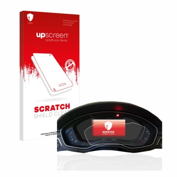 Face avant d’un emballage produit avec le logo de la marque upscreen. À côté, l’appareil Audi A4 B9 2017 Virtual Cockpit est r