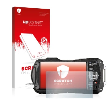 Face avant d’un emballage produit avec le logo de la marque upscreen. À côté, l’appareil Ricoh WG-80 est représenté avec la pr