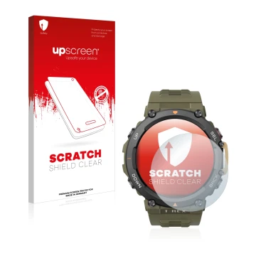 Face avant d’un emballage produit avec le logo de la marque upscreen. À côté, l’appareil Huami Amazfit T-Rex 2 est représenté 