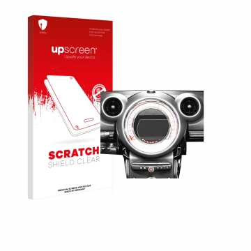 Face avant d’un emballage produit avec le logo de la marque upscreen. À côté, l’appareil Mini Countryman R60 2010-2016 Infotai