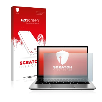 Face avant d’un emballage produit avec le logo de la marque upscreen. À côté, l’appareil HP ProBook 640 G8 est représenté avec