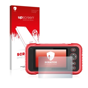Face avant d’un emballage produit avec le logo de la marque upscreen. À côté, l’appareil Launch CRP 123 / 129 EVO est représen
