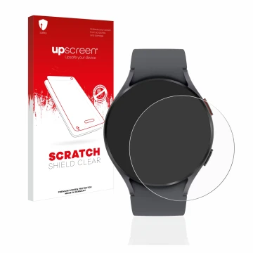 Face avant d’un emballage produit avec le logo de la marque upscreen. À côté, l’appareil Samsung Galaxy Watch 5 (44mm) est rep