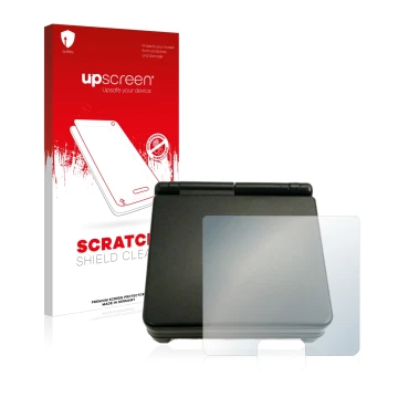 Face avant d’un emballage produit avec le logo de la marque upscreen. À côté, l’appareil Nintendo Gameboy Advance SP (boîtier)